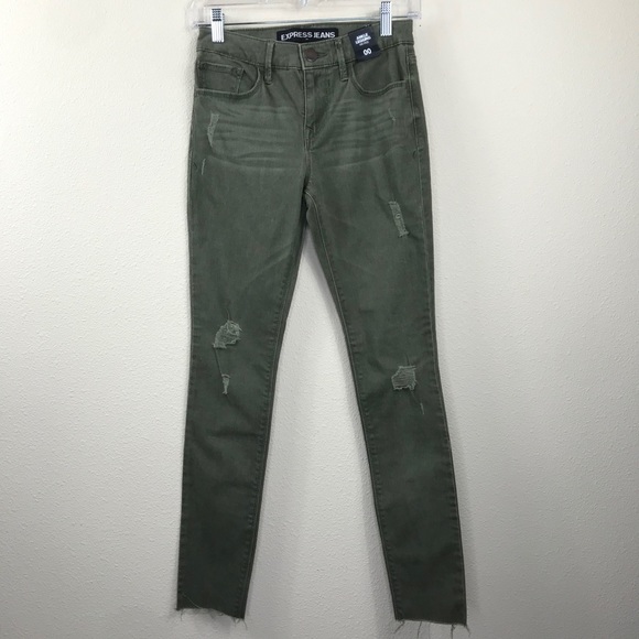 Express Mid Rise Skinny Jeans Jeggings Distressed Olive Green Size 00 - Picture 1 of 5